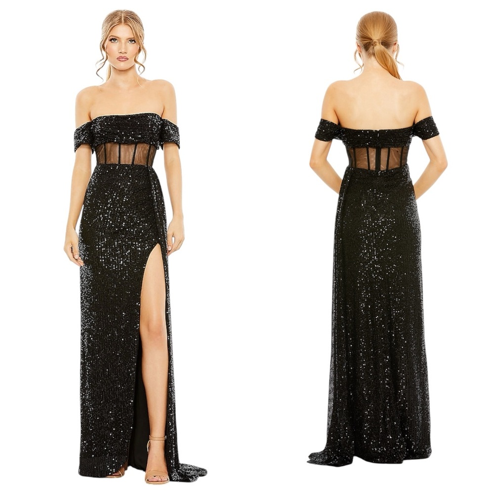Ieena for Mac Duggal Black Off-the-Shoulder Sequined Corset Gown with Slit Sz 6